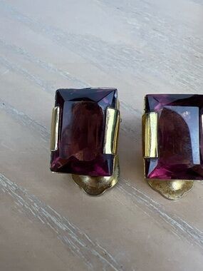 Gold-Tone Clip Earrings with Deep Purple Rectangular Stones